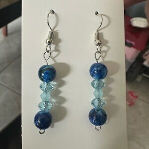 Blue Beaded Dangle Earrings - Handmade